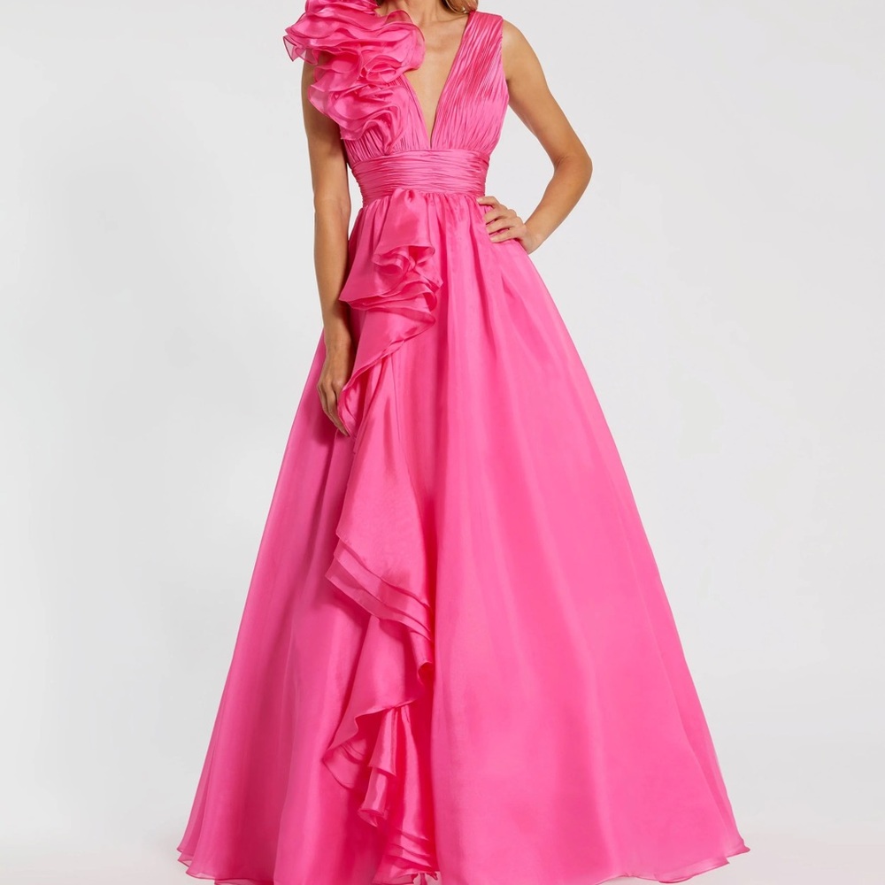 Mac Duggal Deep V-neck sleeveless ruffled shoulder Evening Gown